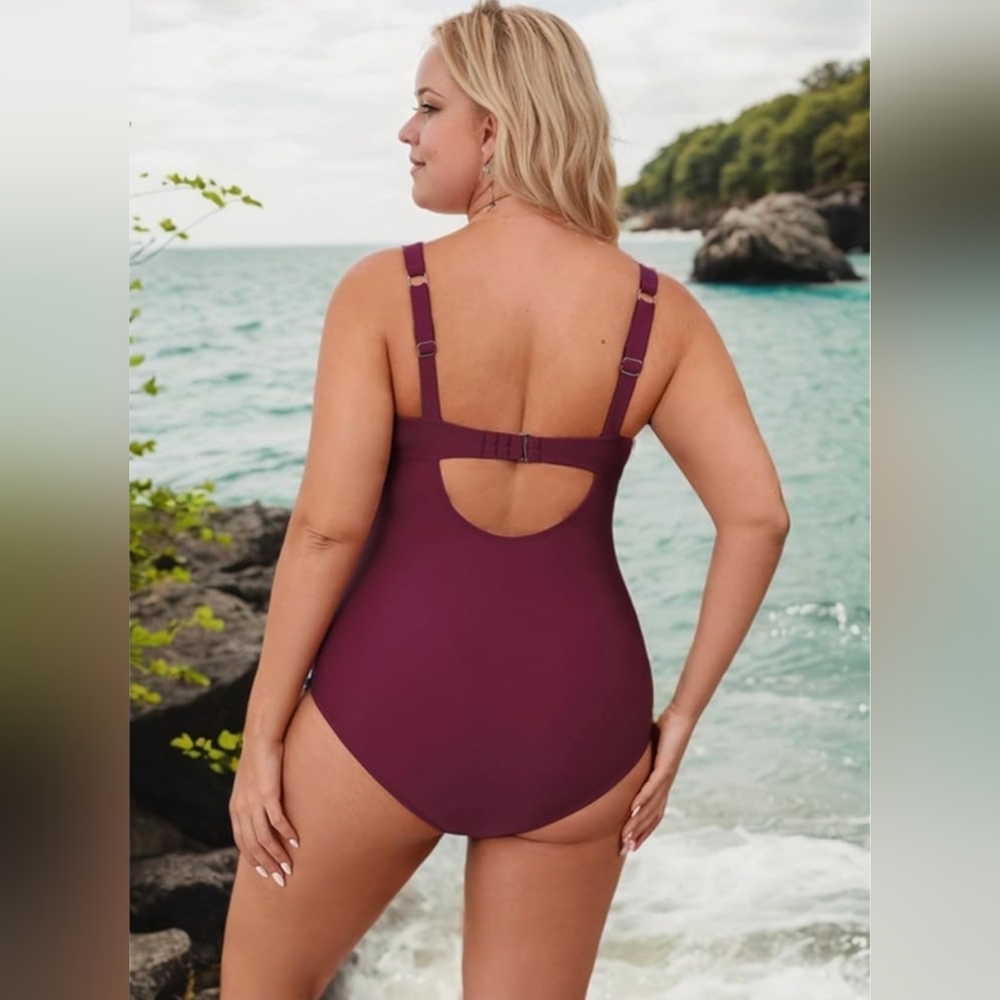 3XL Women‘s Swimsuit Plus Size Tummy Control V Neck Wine Color - Picture 2 of 7